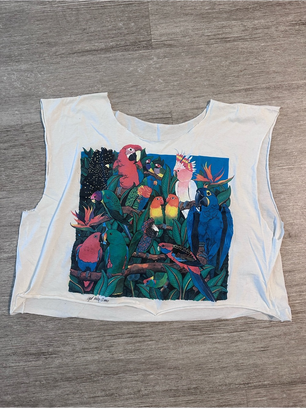 Vintage 1990 Cyd Wiley Tropical Parrot Bird Graphic Cutoff Tee